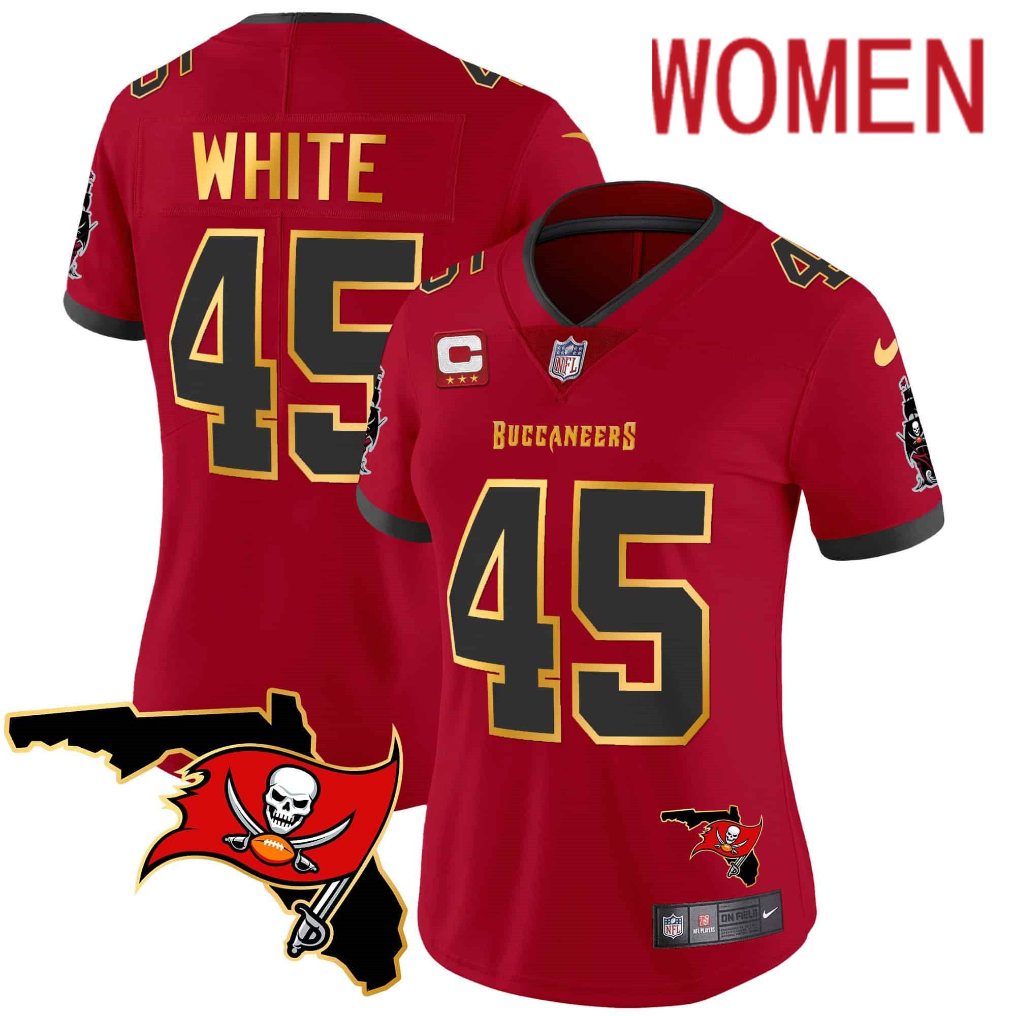 Women Tampa Bay Buccaneers 45 White Red 2024 Nike Florida Patch Gold Trim Vapor NFL Jersey style 1
